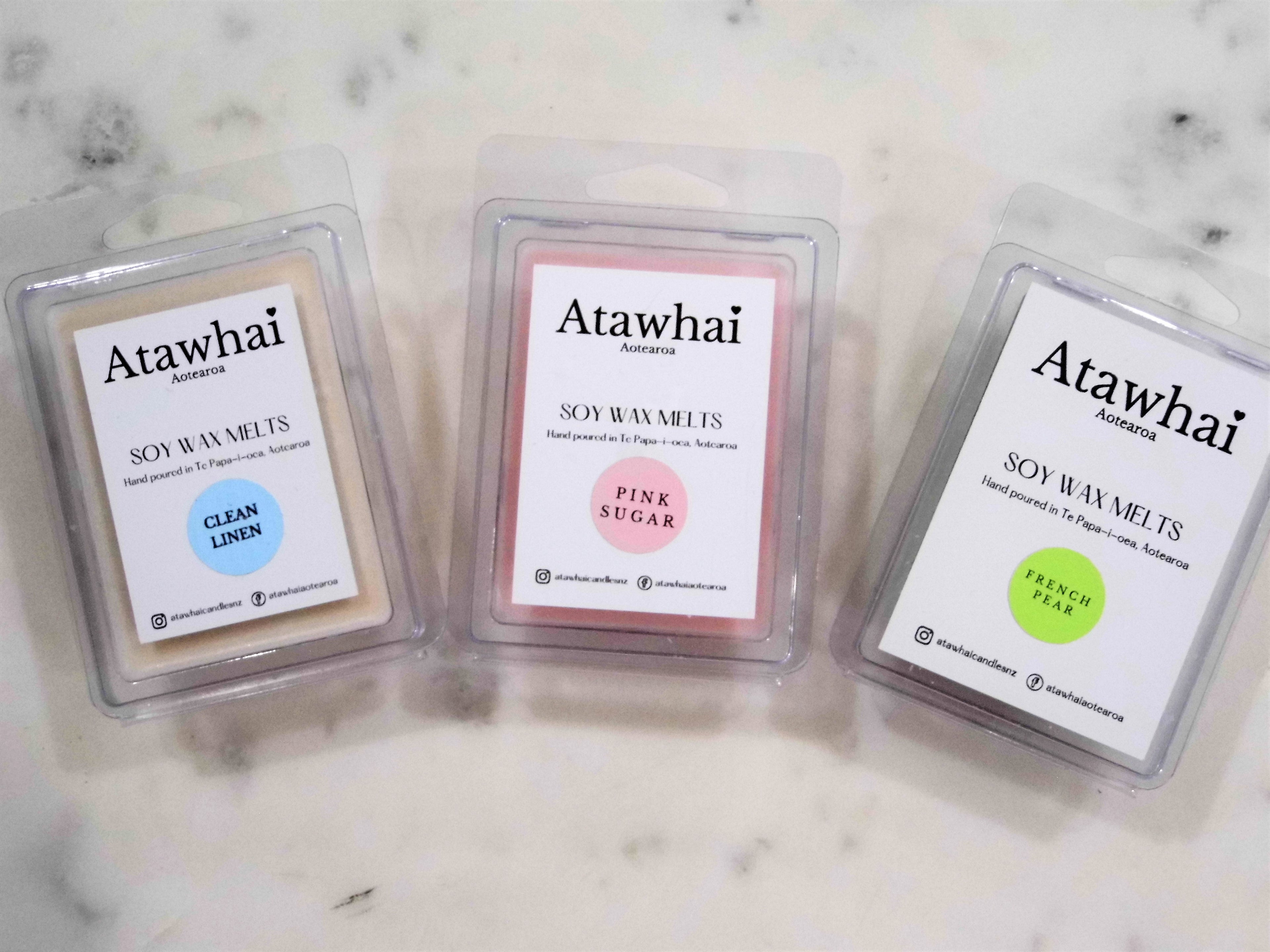 Atawhai Aotearoa Soy Wax Melts NZ - Clean Linen, Pink Sugar, French Pear