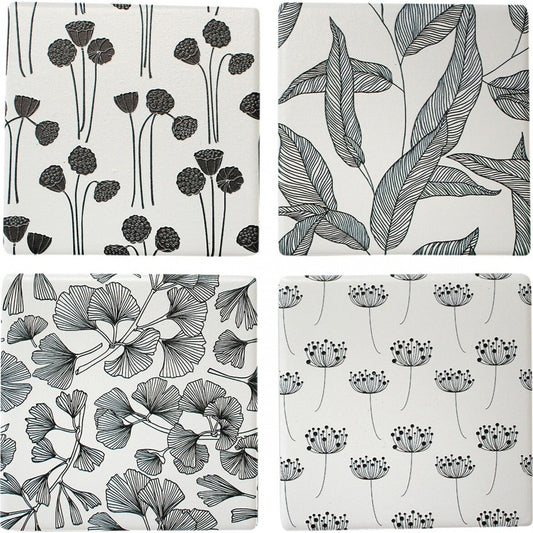 Coasters Mono Leaves Black and White