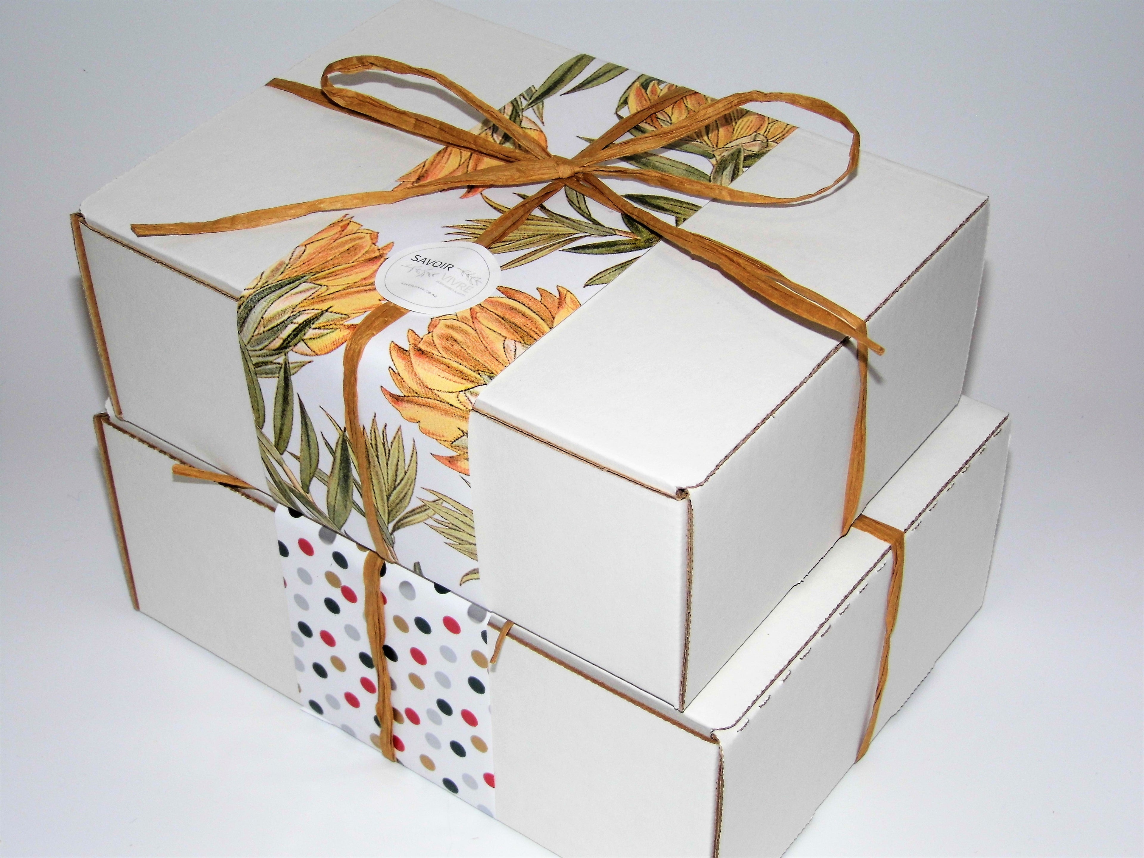Custom Eco Gift Box (Add 2-7 items approx) - Yellow Summer Flowers (White) Sash / Black Raffia Bow / Black Pebbles