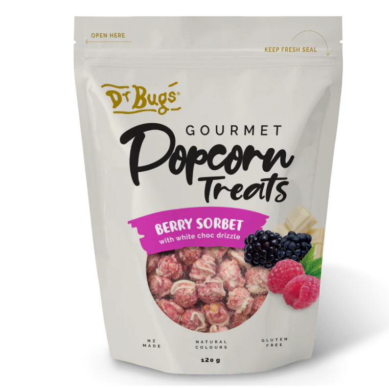 Dr Bugs Berry Sorbet With White Choc Drizzle Gourmet Popcorn Treats 120g - Food Items