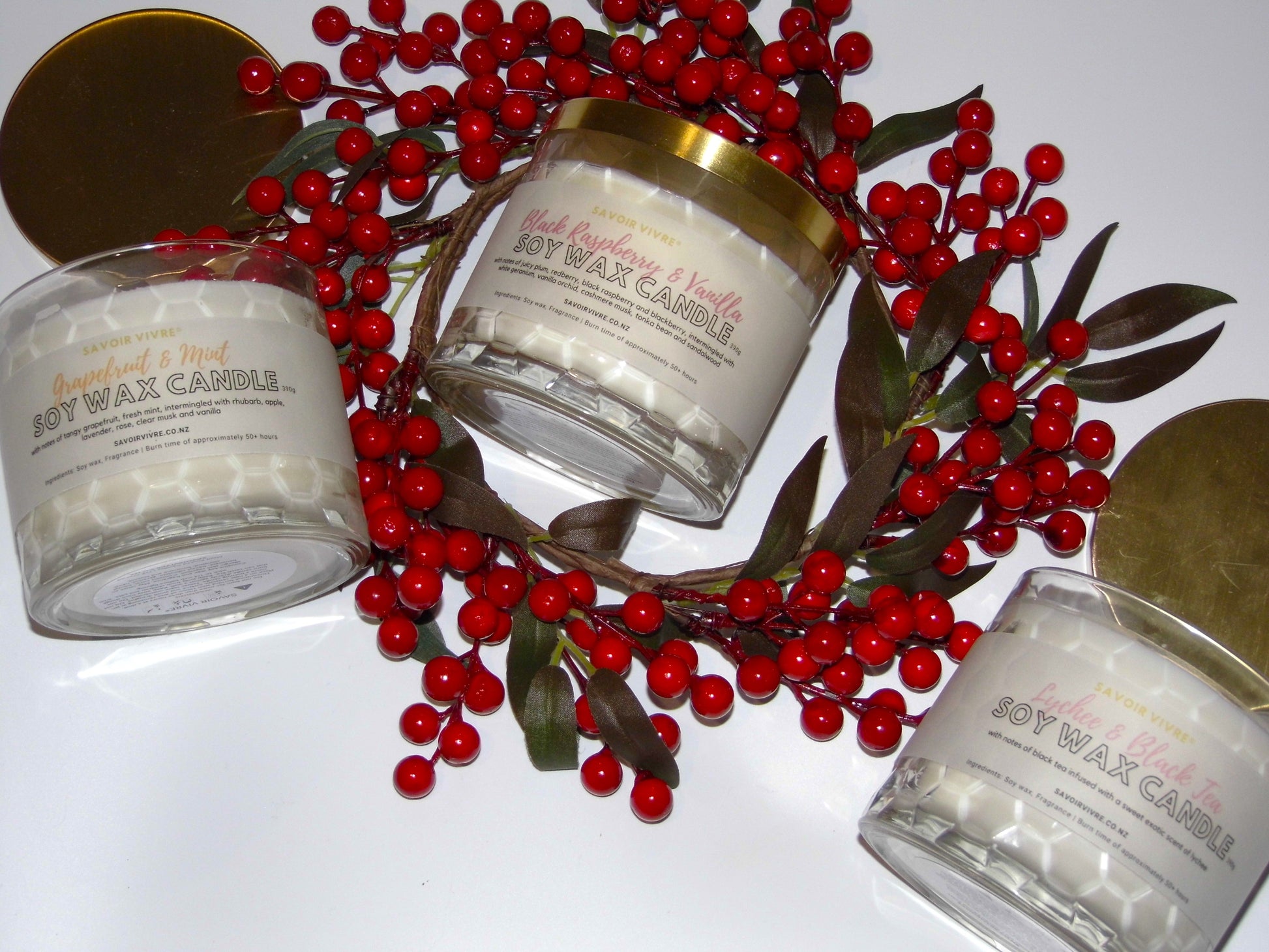 Savoir Vivre Grapefruit & Mint, Black Raspberry and Vanilla, Lychee and Black Tea Soy Wax Candle NZ