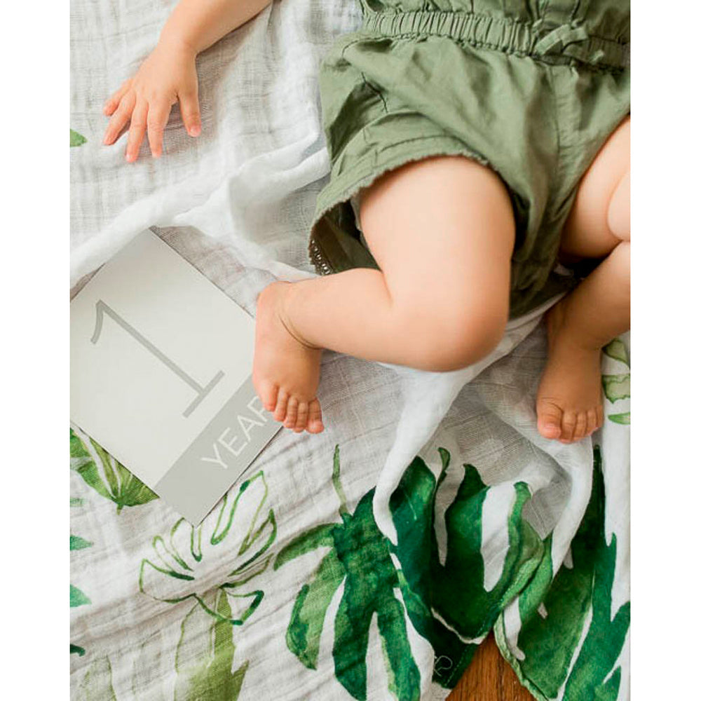Muslin Photo Blanket & Milestone Set - Tropical Leaf - Swaddle