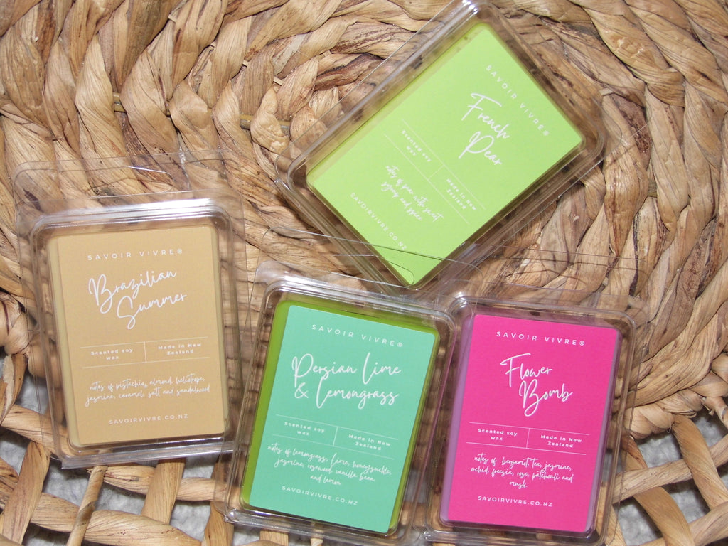 Savoir Vivre soy wax melts NZ - Brazilian Summer, Persian lime & lemongrass, Flower Bomb, French Pear