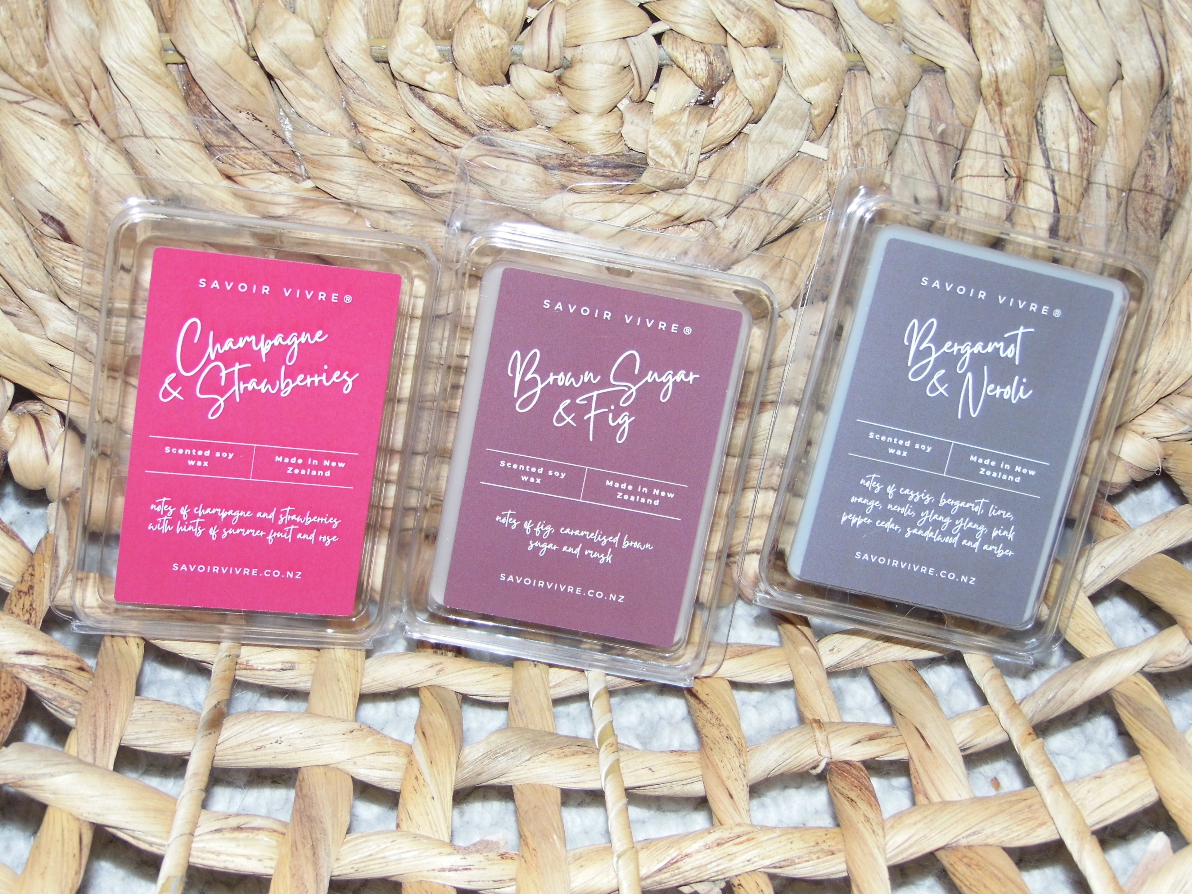 Savoir Vivre soy wax melts NZ Champagne & Strawberries, Brown Sugar & Fig, Bergamot & Neroli