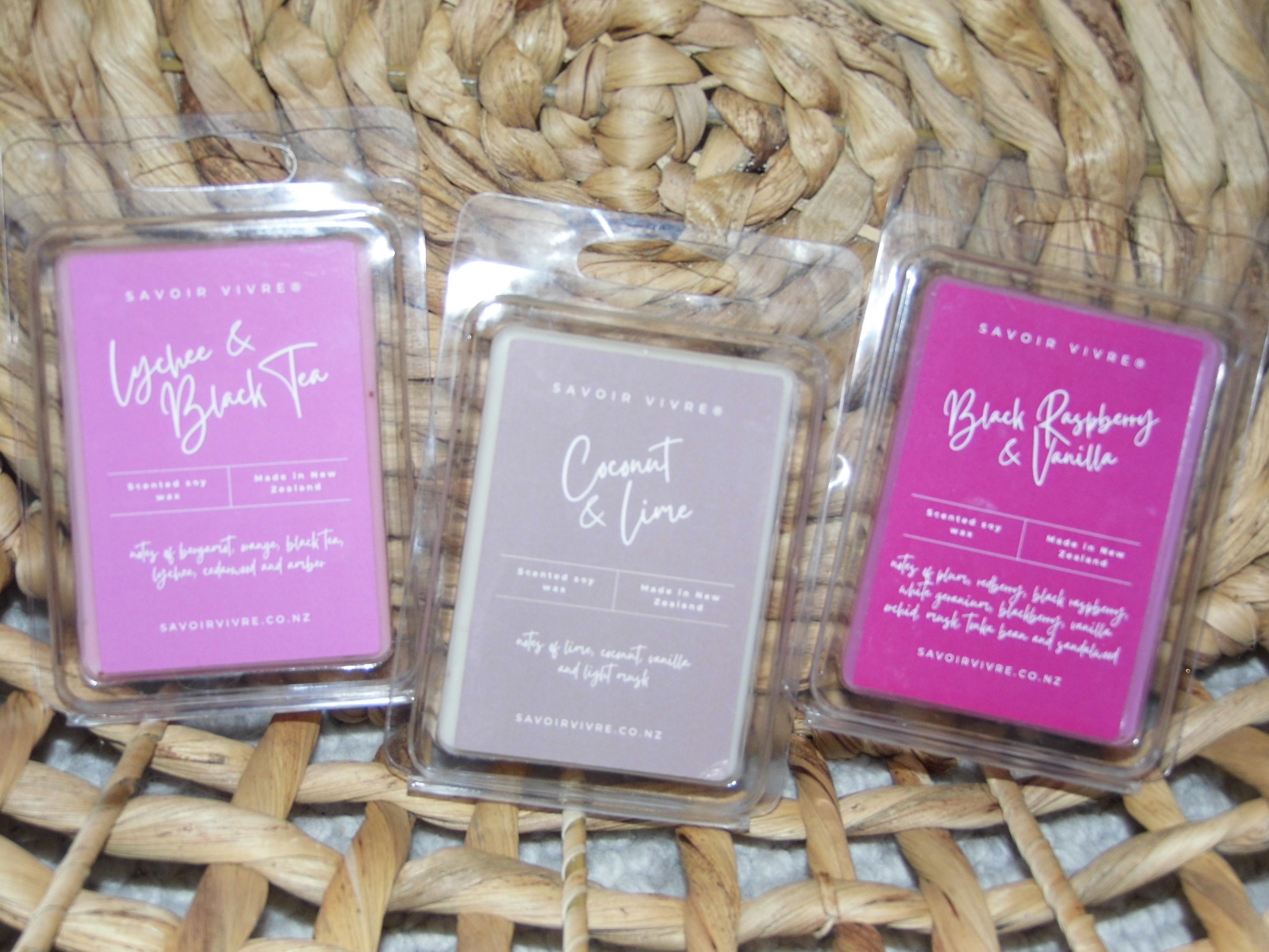 Soy Wax Melts Savoir Vivre Homewares & Gifts NZ Lychee & Black Tea, Coconut & Lime, Black Raspberry & Vanilla