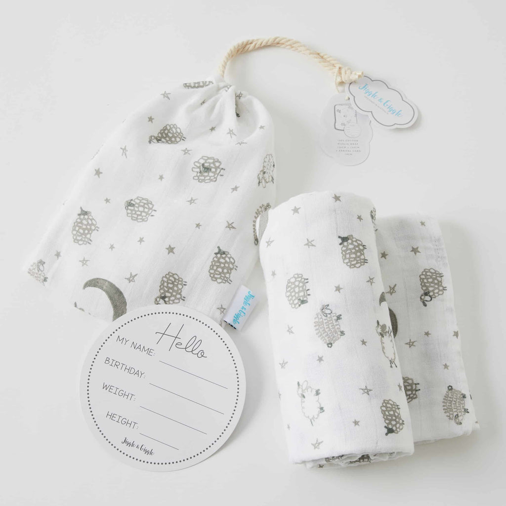 Jiggle_Giggle_Sheep Muslin Baby Wrap and Arrival Card