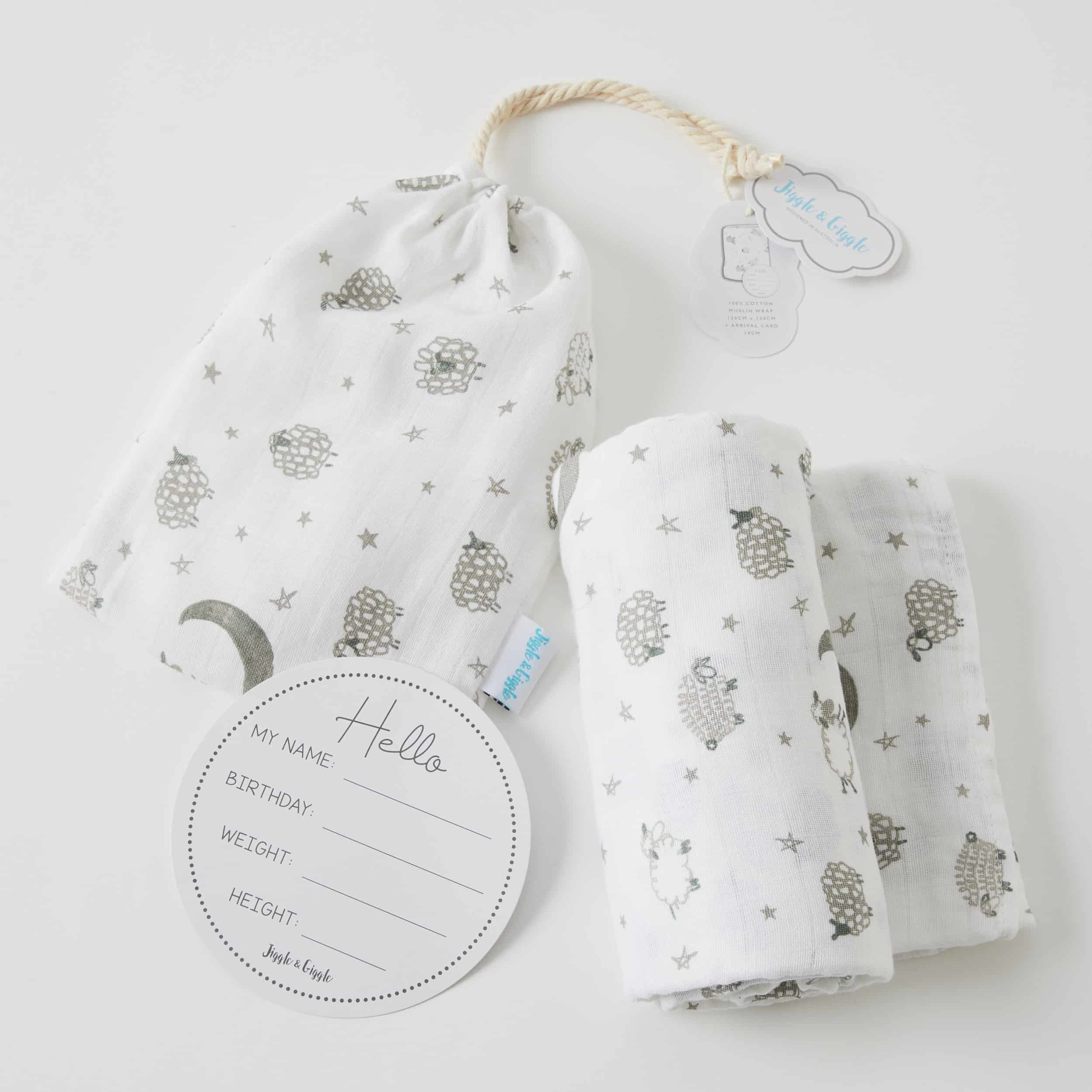 Jiggle_Giggle_Sheep Muslin Baby Wrap and Arrival Card
